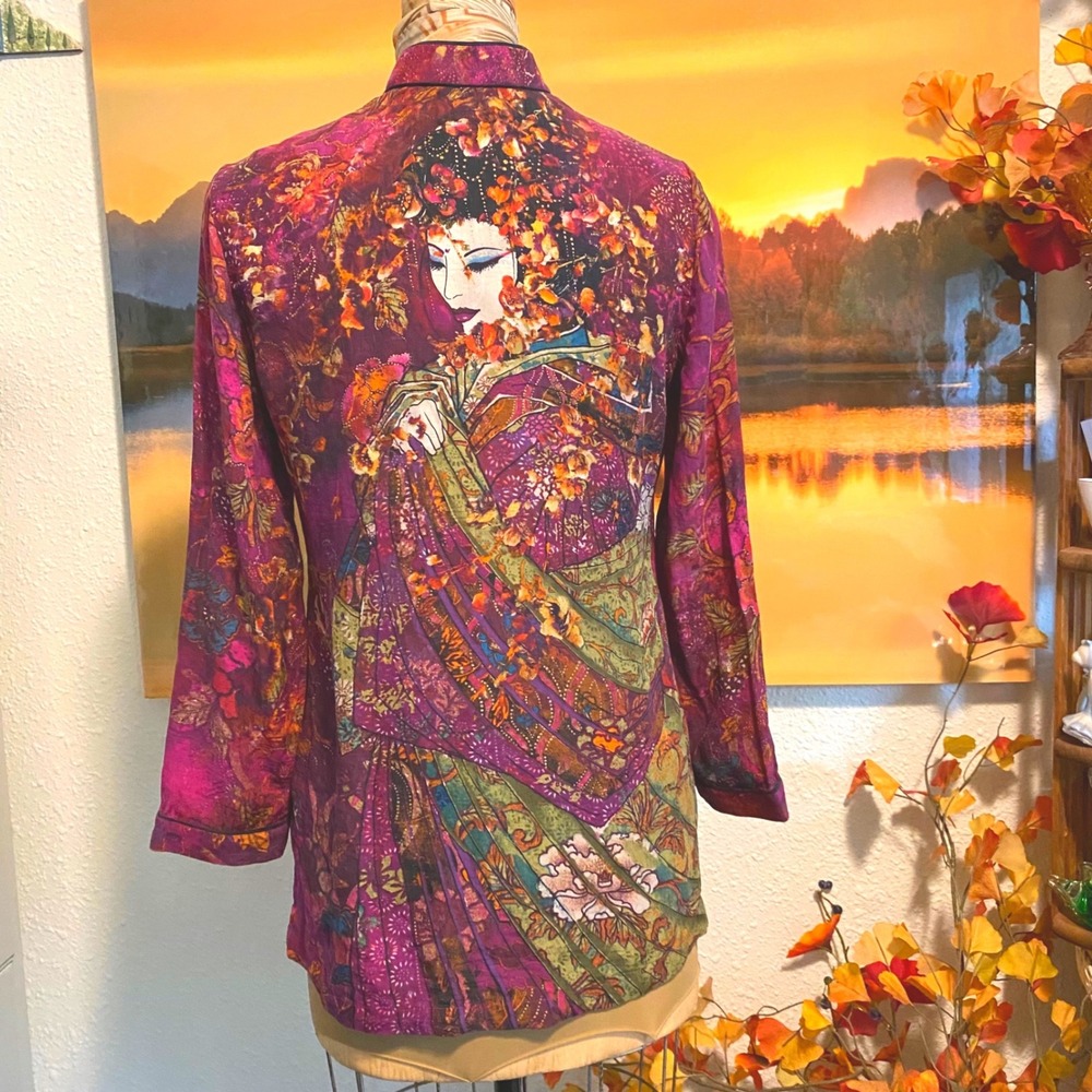 Chico's Silk Jacket Geisha Art Boho Asian Floral Women 0 Purple Magenta small